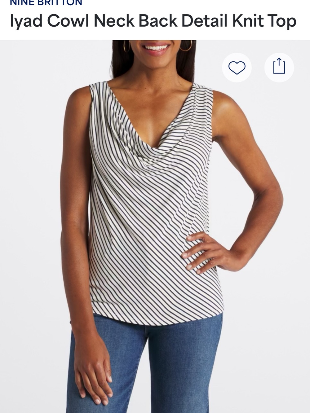 nine britton Ivory and Black Striped Cowl Neck Tank